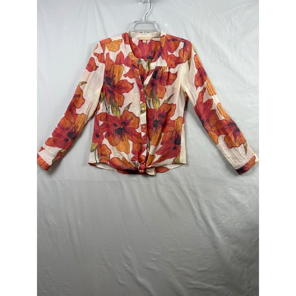 Hope & Harlow Button Blouse Top Womens Small Orange Floral Long Sleeve Tie Front
